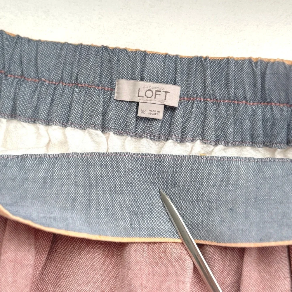 Loft Ann Taylor Striped Linen Blend Mini Skirt Orange Pink XS Pockets Elastic